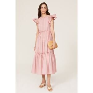 Cinq a Sept Sofia Pink Striped Ruffle Sleeve Tiered Tie Back Midi Dress Size 6